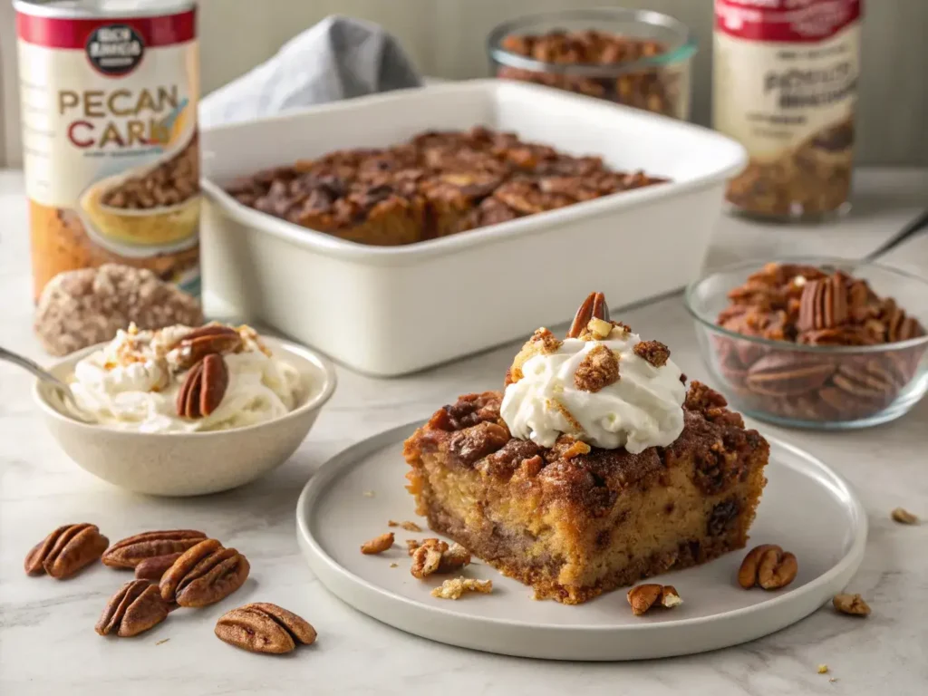 Pecan dump cake with vanilla ice cream