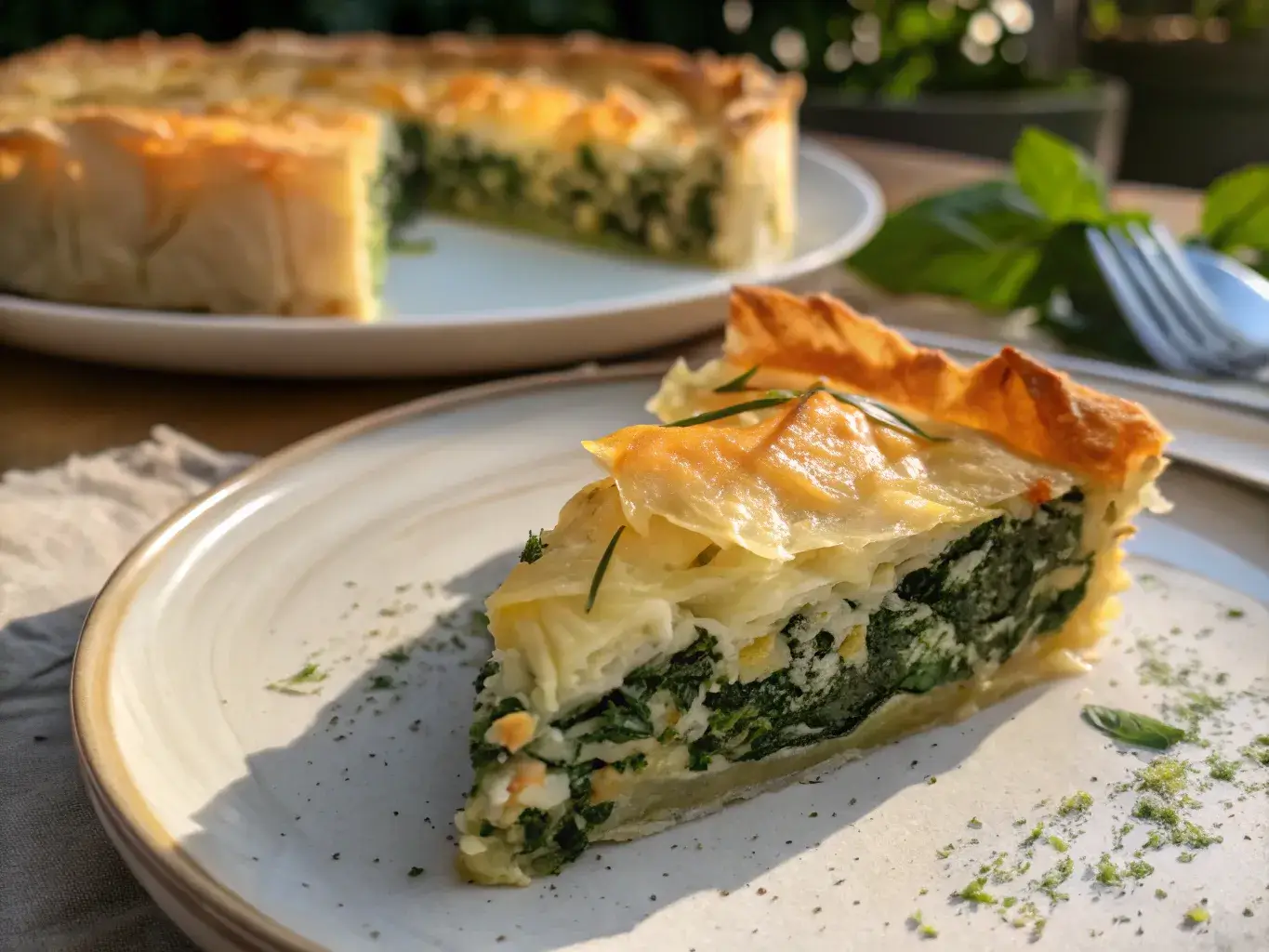 Phyllo crust quiche slice on a plate