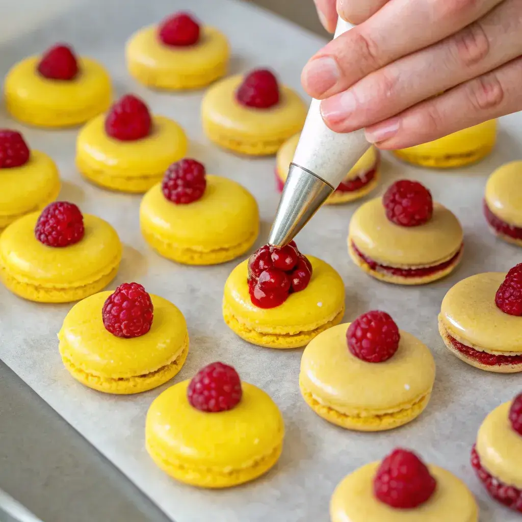 filling lemon and raspberry macarons