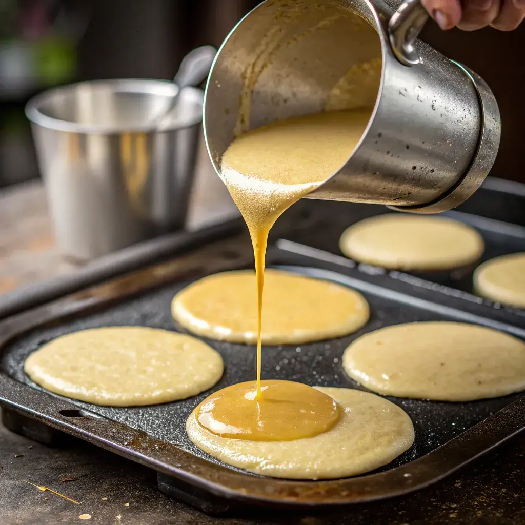 Plantain pancake batter cooking in skillet