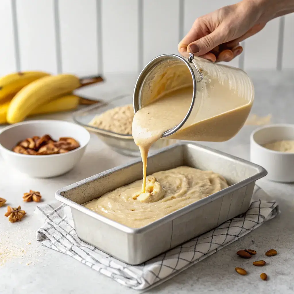 Pouring banana and almond meal cake batter into pan