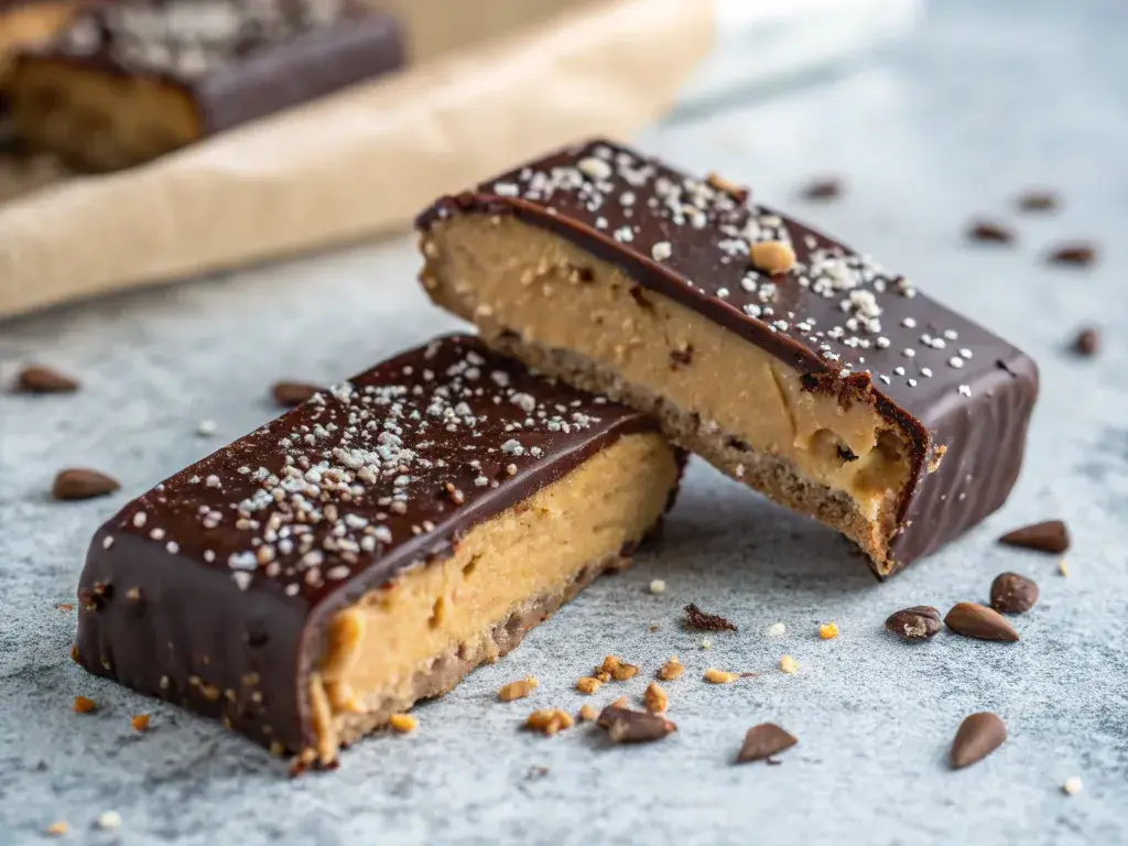 cut protein bar with peanut butter and chocolate