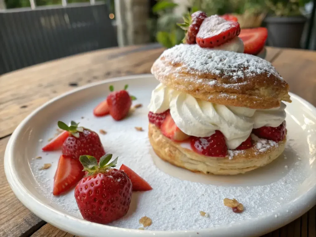 Puff pastry and strawberries with powdered sugar