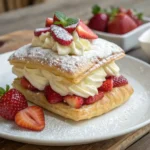 Puff pastry and strawberries with powdered sugar