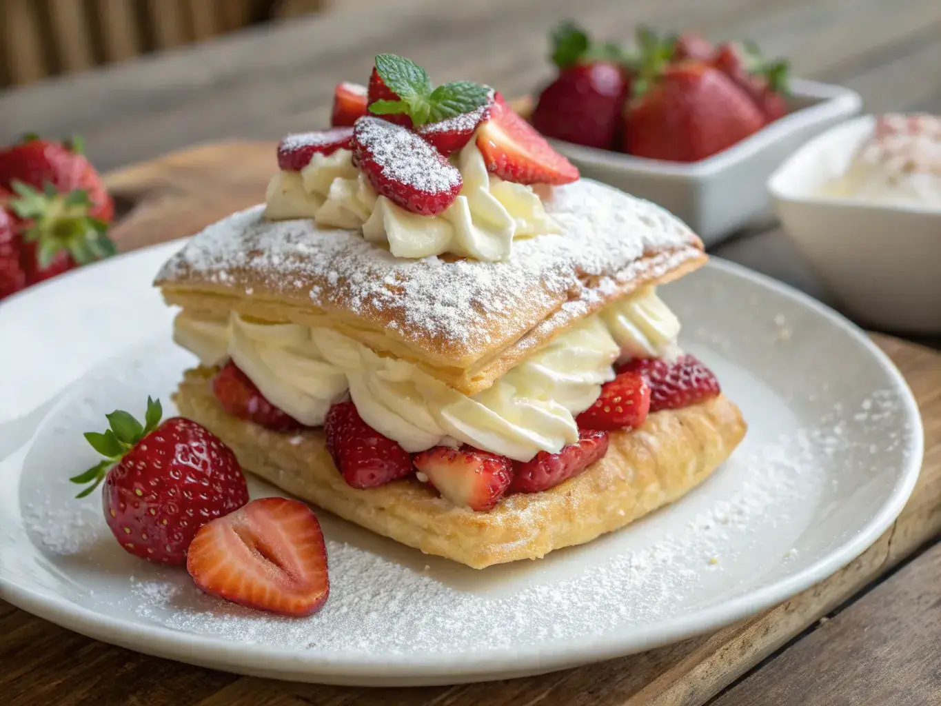 Puff pastry and strawberries with powdered sugar
