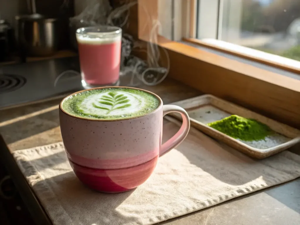 Hot raspberry matcha tea latte