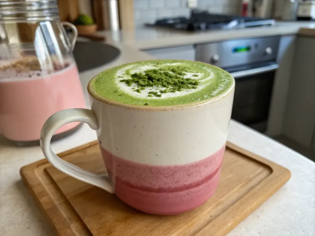 Hot raspberry matcha tea latte