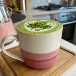 Hot raspberry matcha tea latte