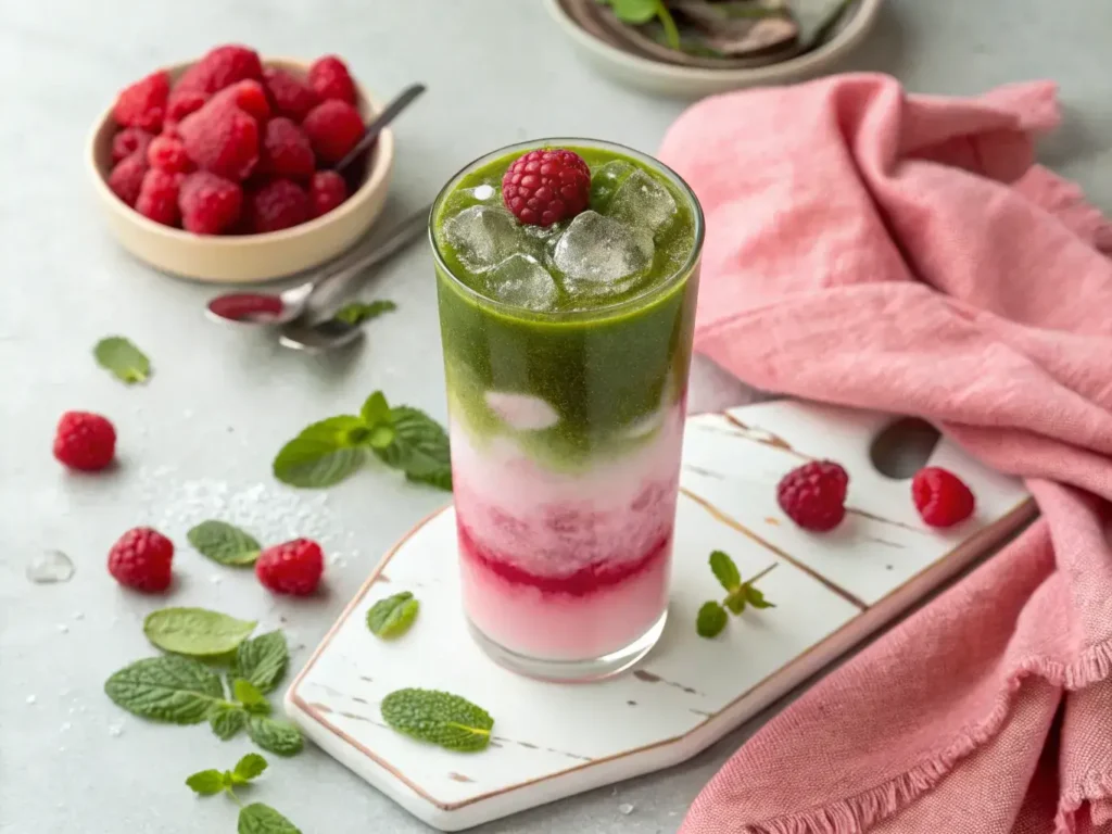 Iced raspberry matcha tea in glass