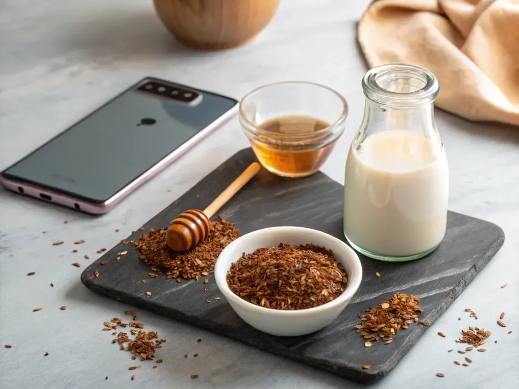 Rooibos tea leaves and milk ingredients