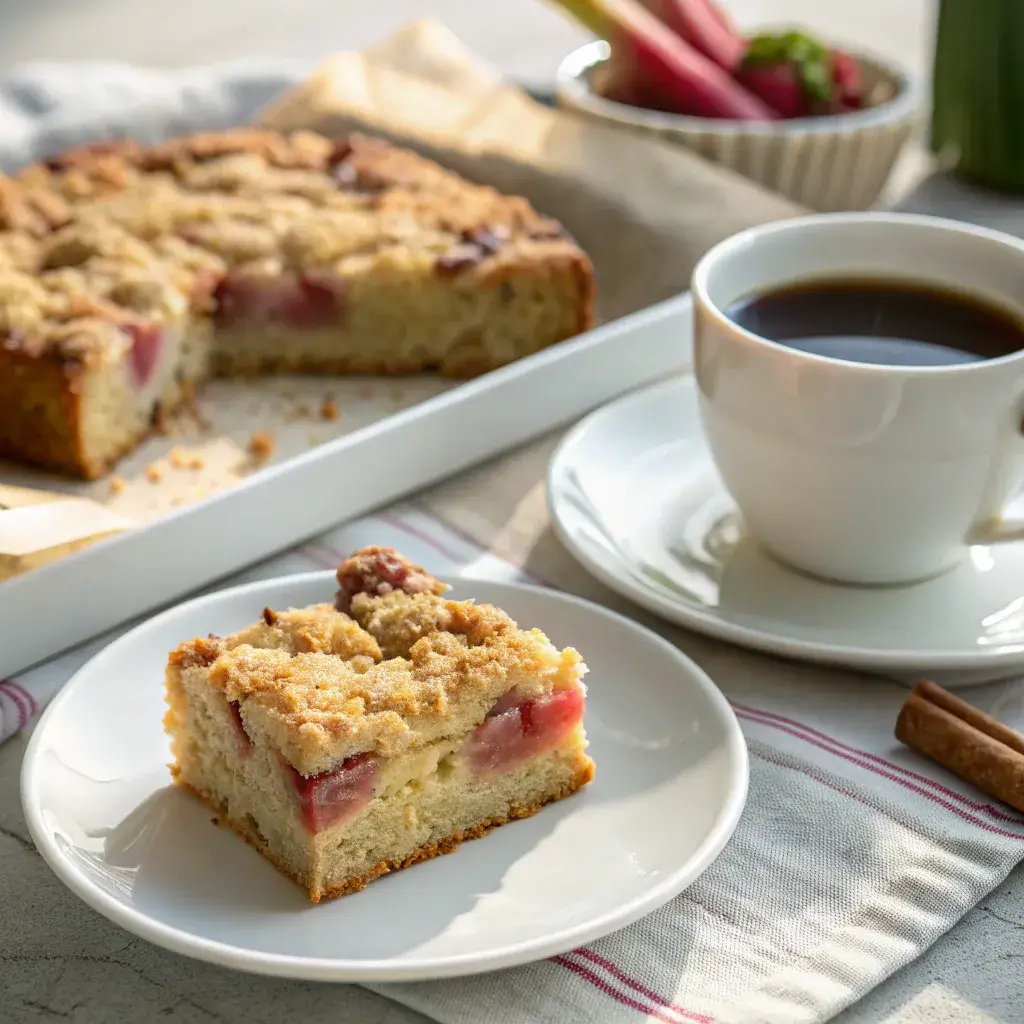serving rhubarb coffee cake with coffee