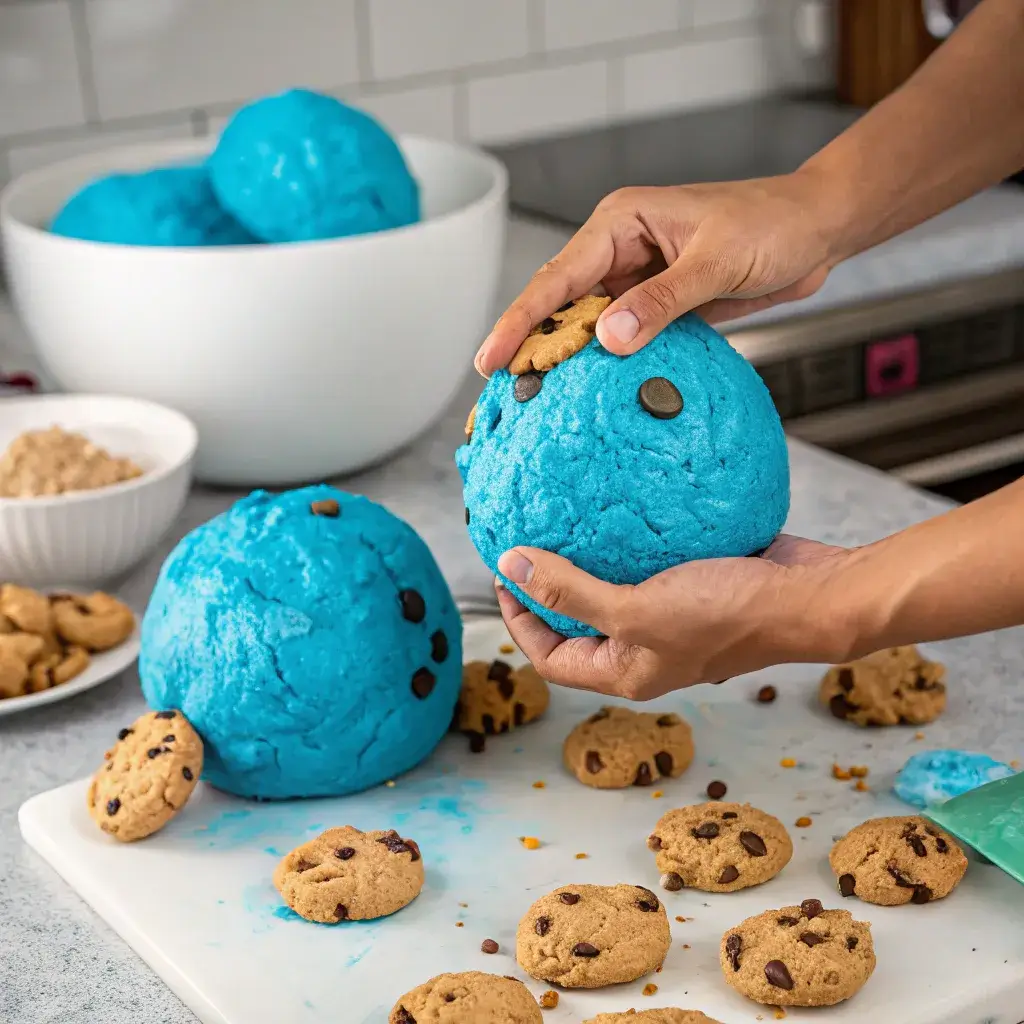 Hands shaping blue Cookie Monster Cookie dough balls