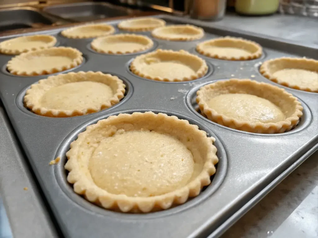 Shortcrust pastry in mini tart pans ready to bake