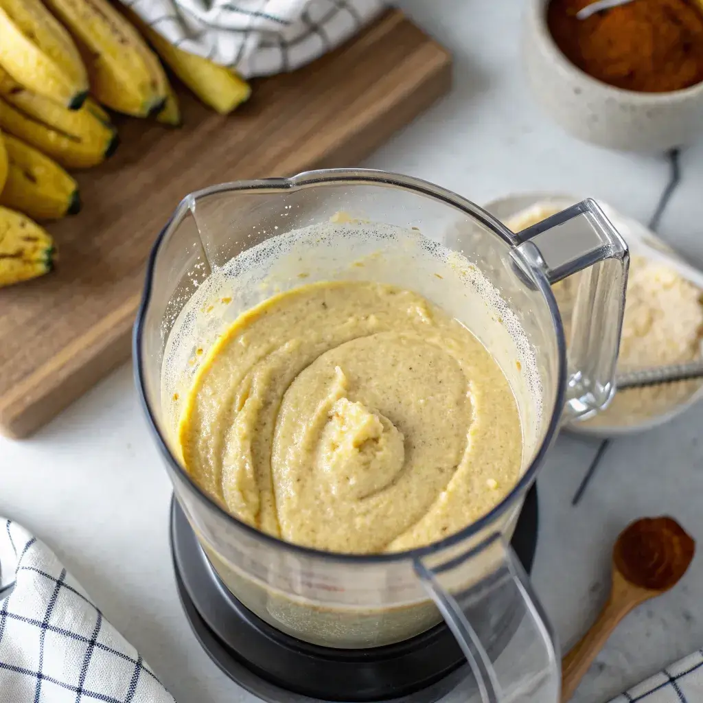 Smooth plantain pancake batter in a blender, made from ripe plantains.
