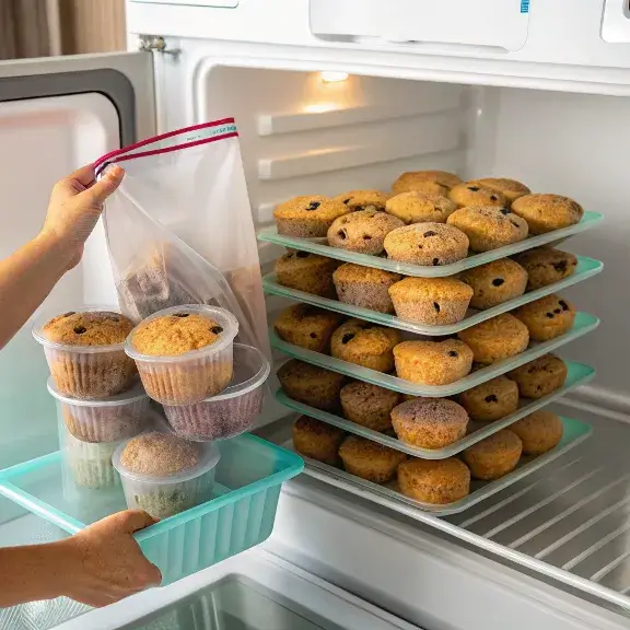Storing eggless banana chocolate chip muffins in freezer