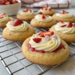 Freshly baked strawberry cheesecake cookies cooling on rack