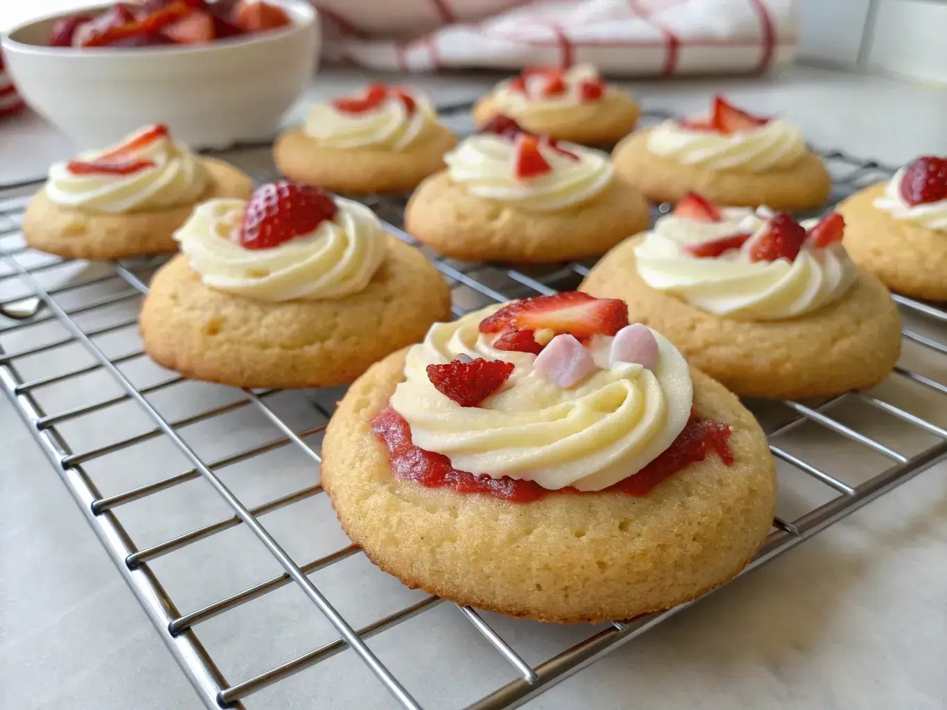 Freshly baked strawberry cheesecake cookies cooling on rack