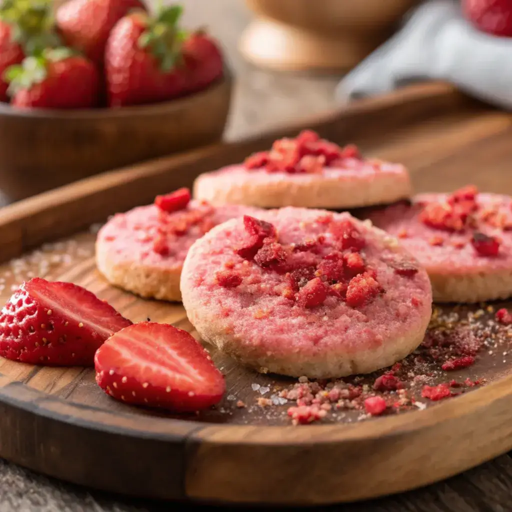 Gluten-free strawberry cookies on rustic plate