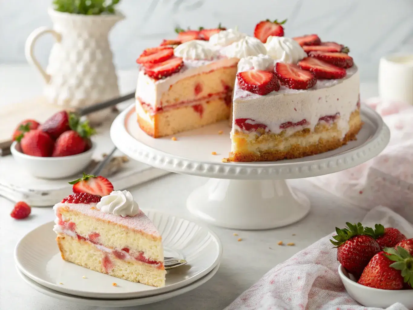 sliced strawberry dream cake on stand