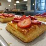 Flaky golden strawberry puff pastry on parchment