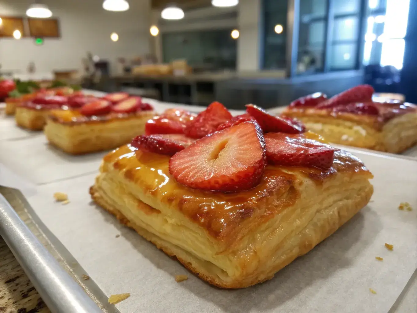 Flaky golden strawberry puff pastry on parchment