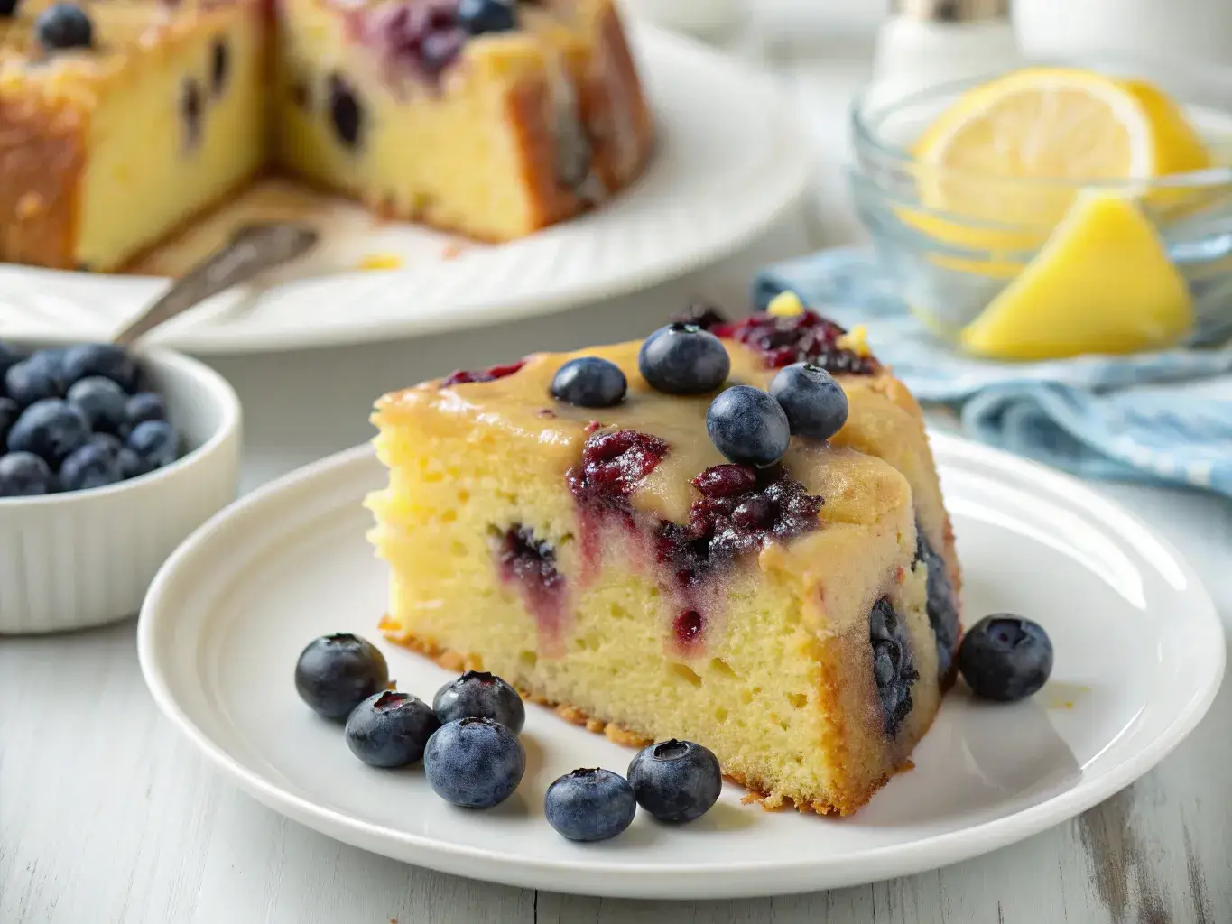 sugar free lemon blueberry pudding cake from scratch slice close up