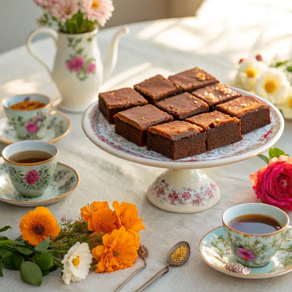 Sweet potato brownies served with tea