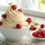 TTart Frozen Yogurt Recipe in white bowl with raspberries