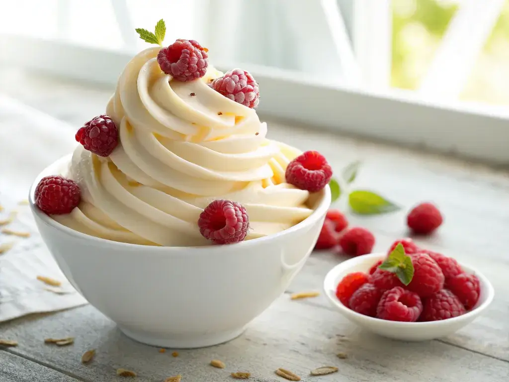 TTart Frozen Yogurt Recipe in white bowl with raspberries