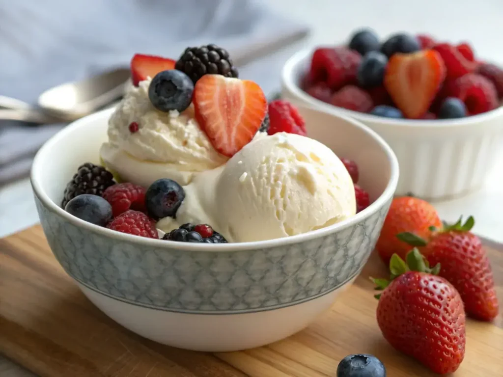 Tart yogurt ice cream topped with fresh berries in a bowl