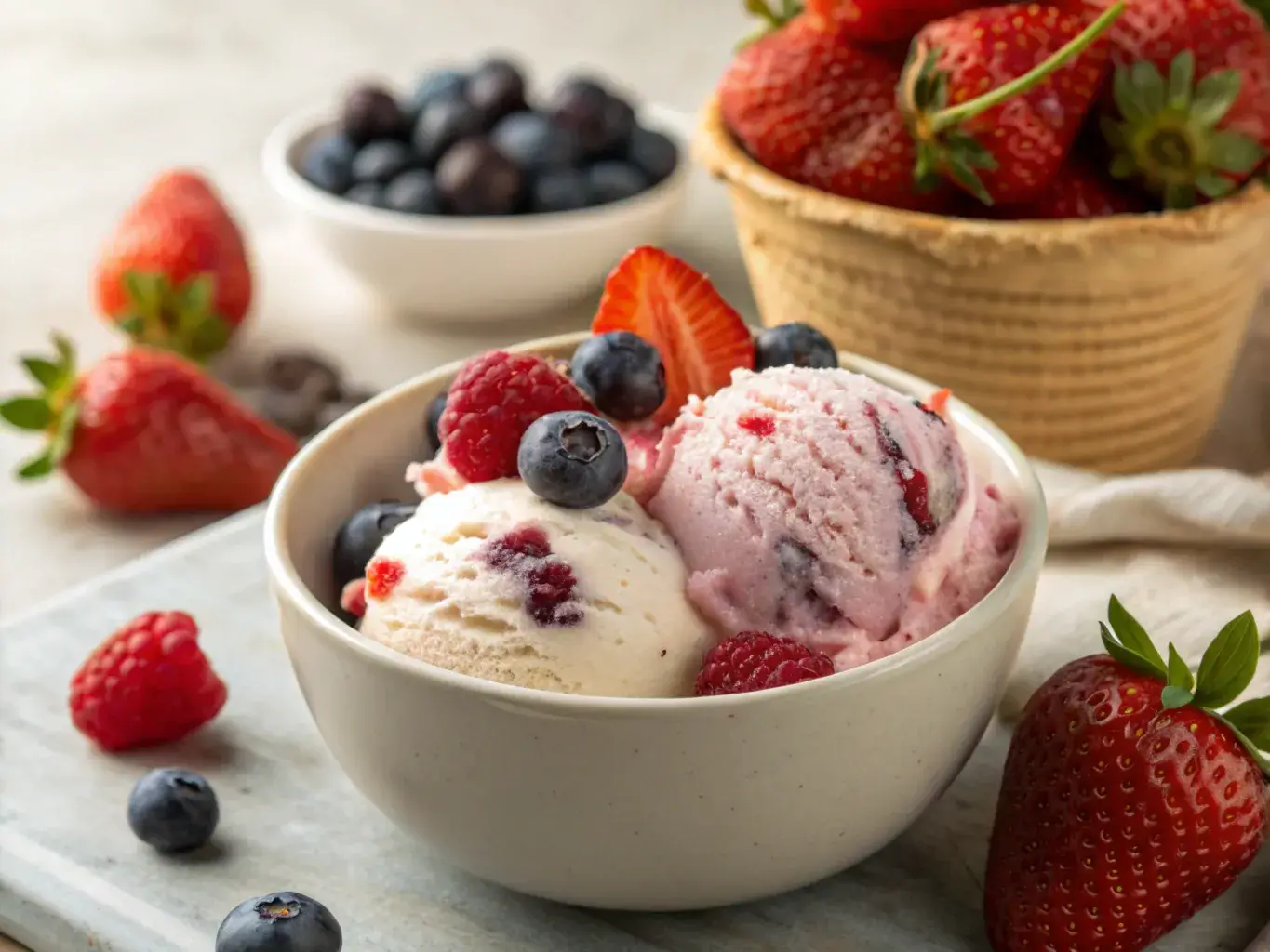 Tart yogurt ice cream topped with fresh berries in a bowl