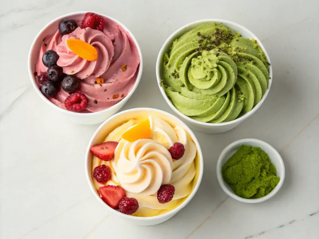 Three bowls of tart yogurt ice cream with different flavors