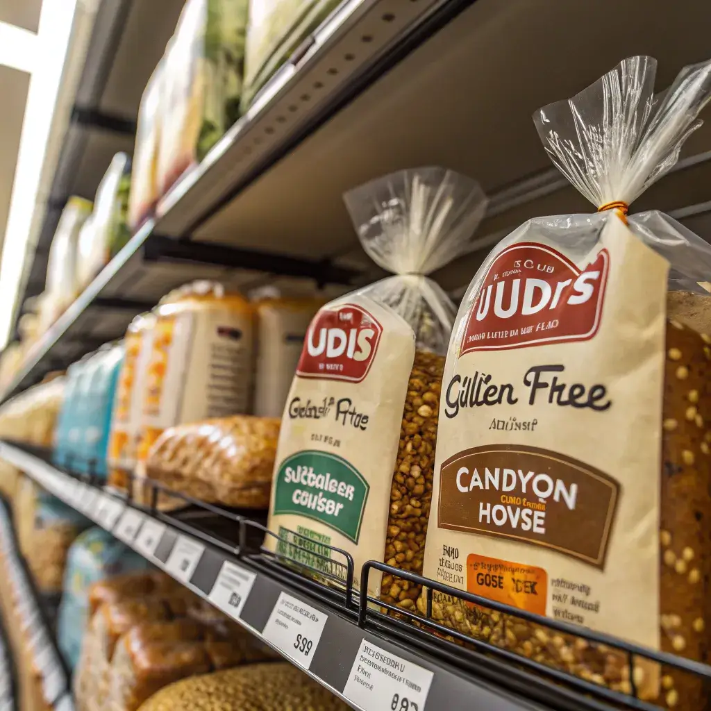 Gluten free bread brands on grocery store shelf