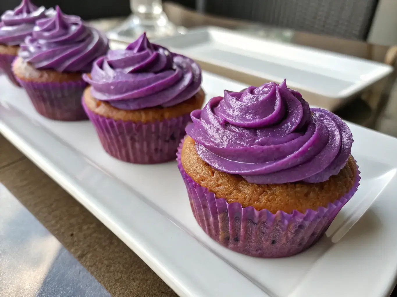 Ube cupcakes with purple frosting served fresh