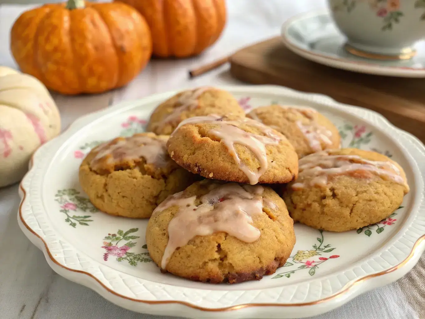 freshly baked Maple Pumpkin Cookies on a vintage ceramic plate