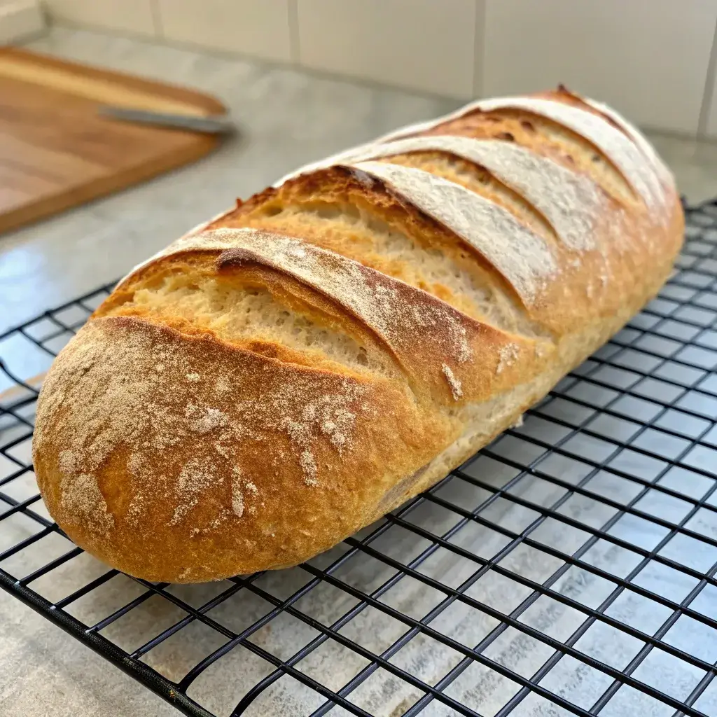 Bolted flour in sourdough bread batard loaf cooling