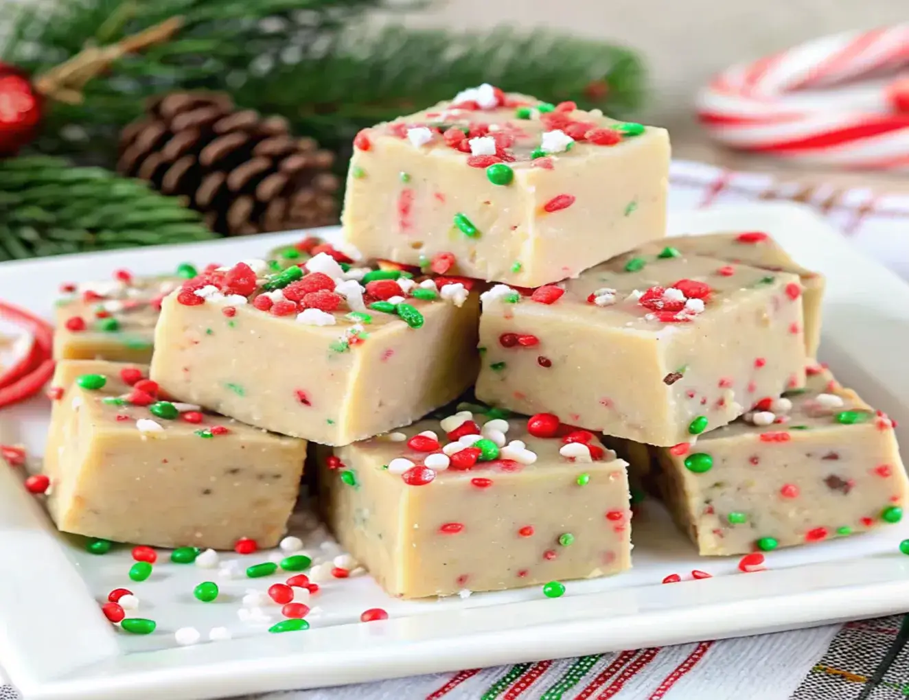 Christmas Cookie Fudge squares with festive sprinkles and cookies