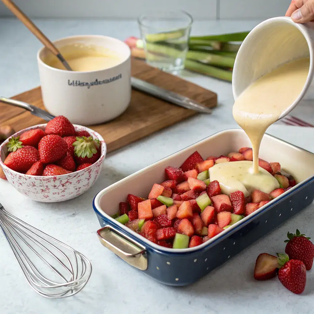 Pouring custard over strawberry rhubarb filling