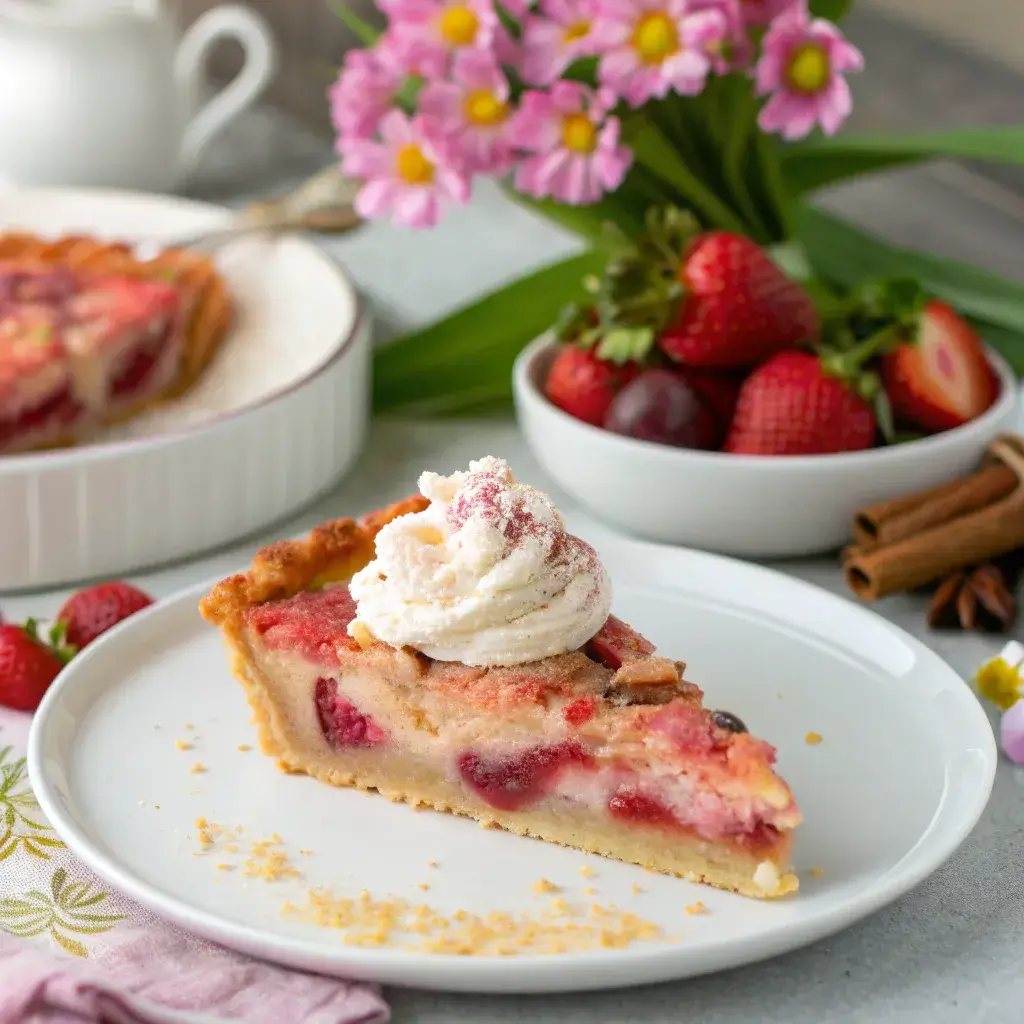 Slice of strawberry rhubarb custard with whipped cream