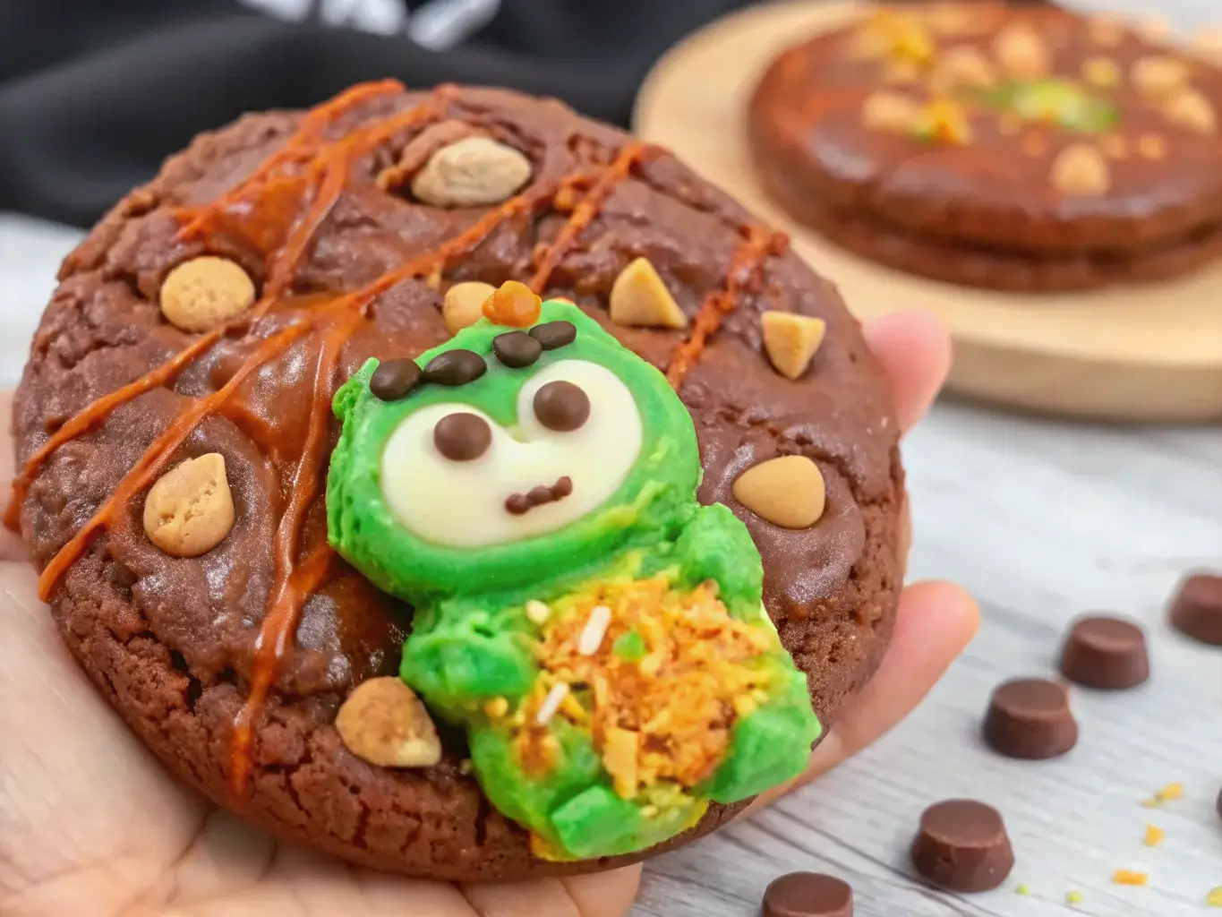 Dubai chocolate Labubu Crumbl cookie decorated with Labubu design