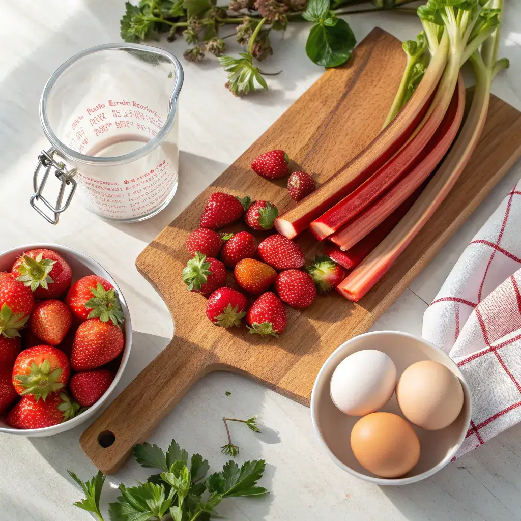 Fresh strawberries and rhubarb for custard
