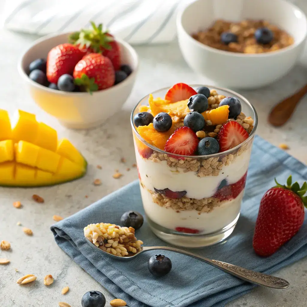 Mascarpone with strawberries dessert in glass bowl