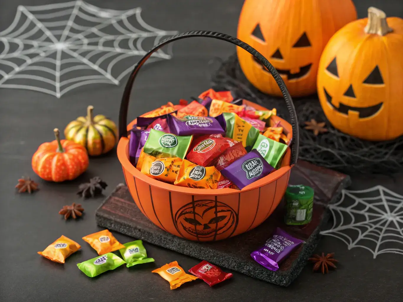 gluten free halloween candy assortment in pumpkin basket