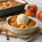 Golden gluten-free peach cobbler served warm in a ceramic dish with a scoop of vanilla ice cream melting on top