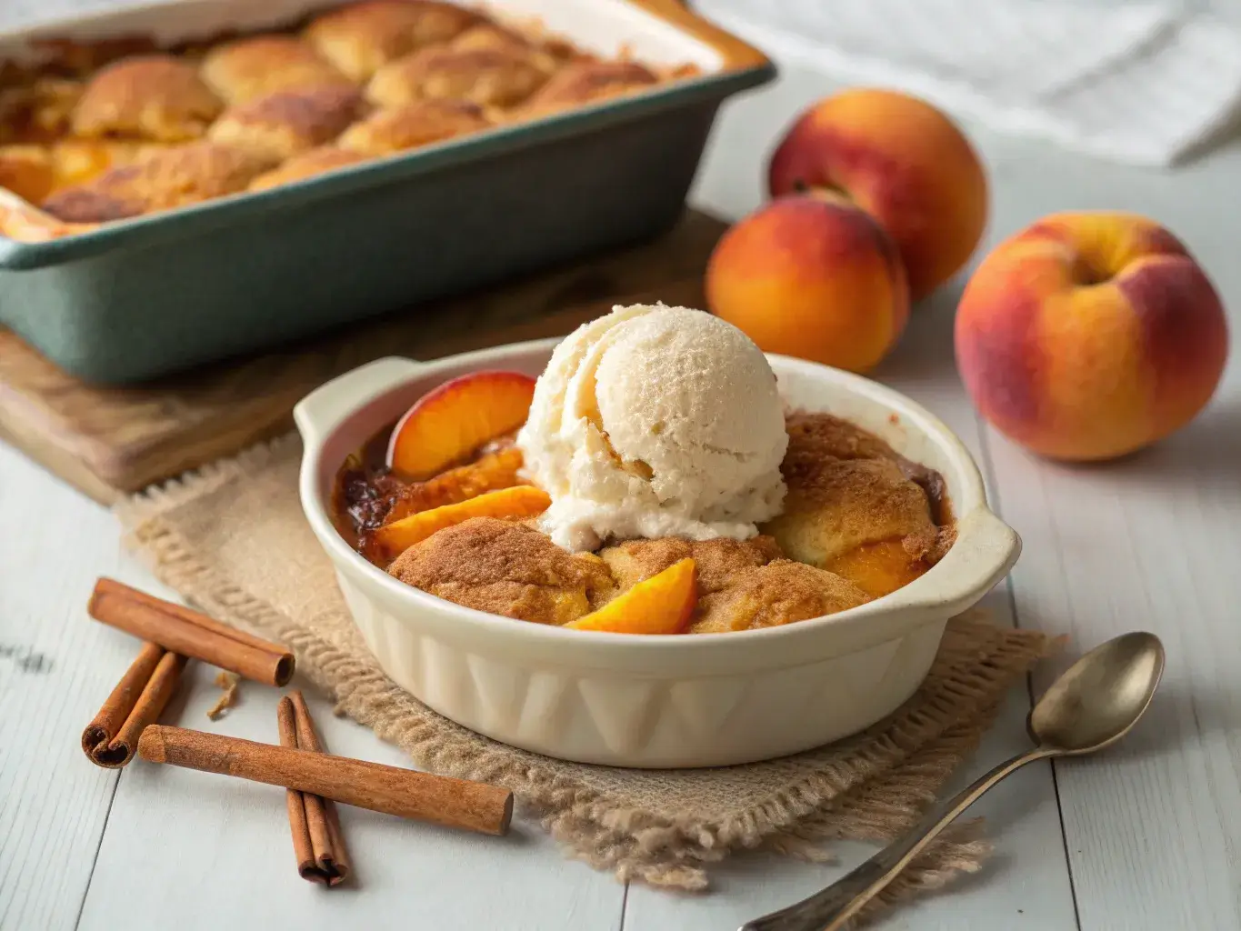 Golden gluten-free peach cobbler served warm in a ceramic dish with a scoop of vanilla ice cream melting on top