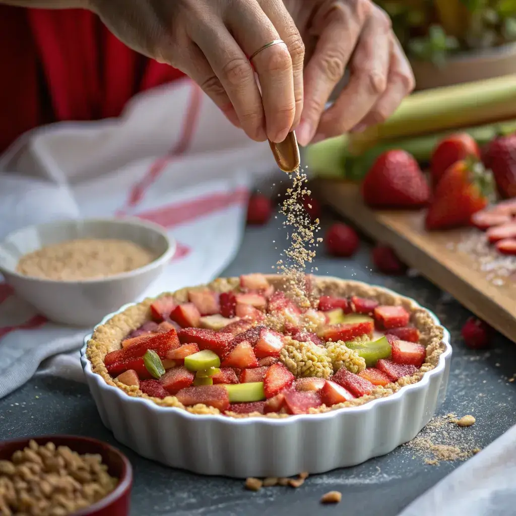 adding topping to gluten-free strawberry rhubarb crisp