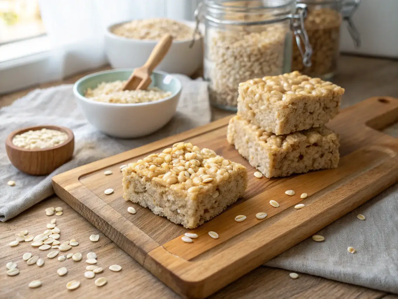 Healthy Rice Krispie treats on a wooden counter
