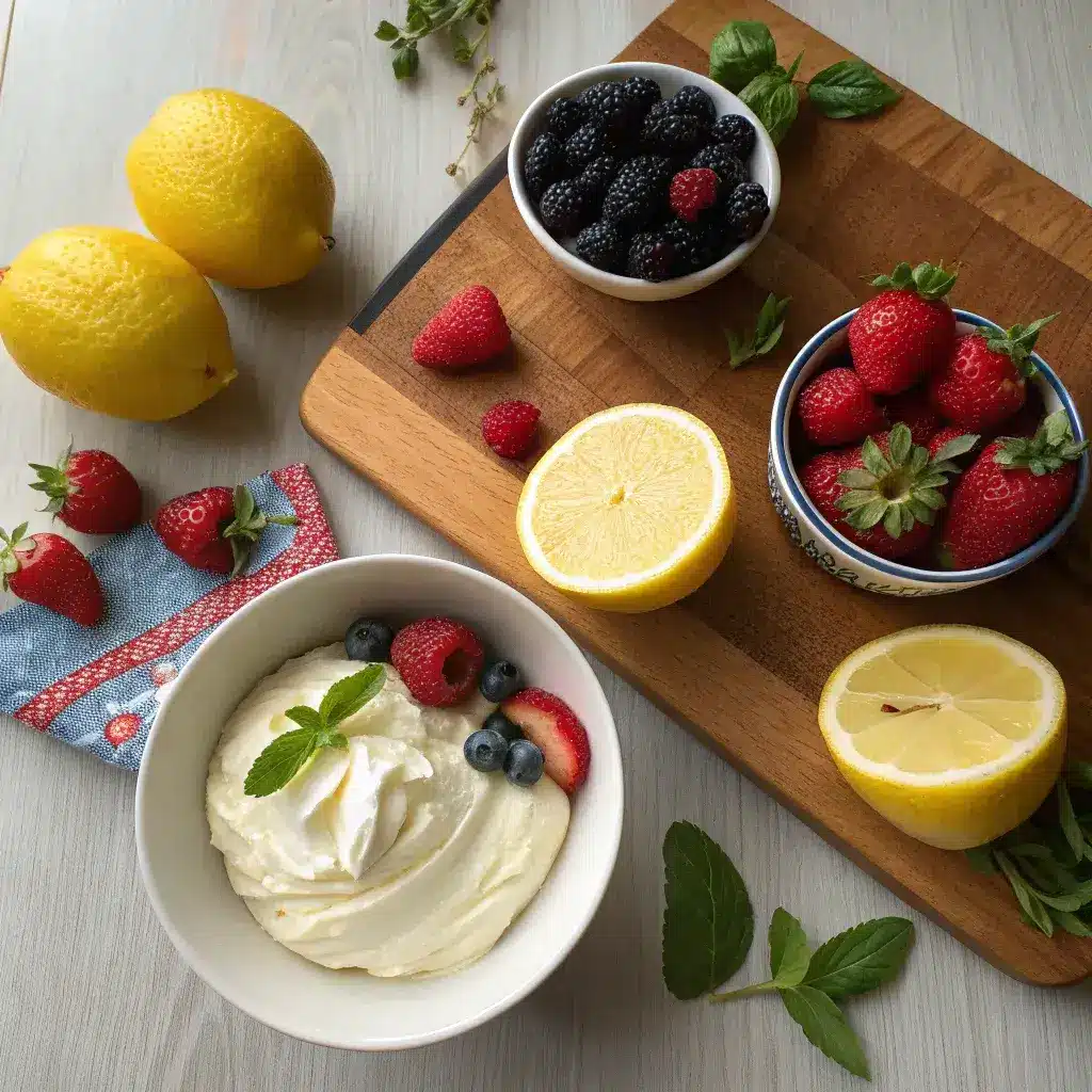 Key ingredients for lemon berry mascarpone cake with mascarpone, lemon, and berries