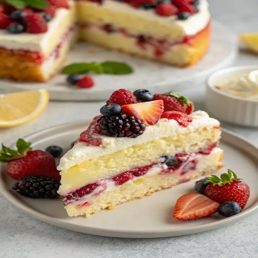 Slice of lemon berry mascarpone cake with mint garnish and berries