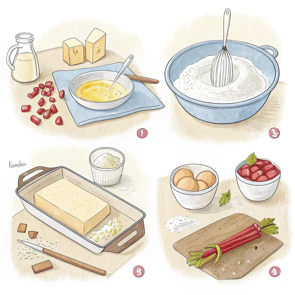 Fresh rhubarb and baking staples for creating a delicious rhubarb cake recipe